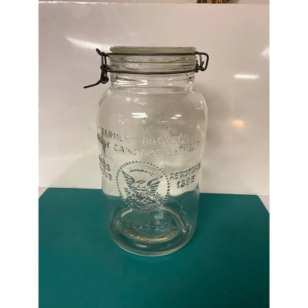 1966 Vintage Farmer Brown’s Penny Candy 4 Quart Mason Jar Wire Bale top/handle